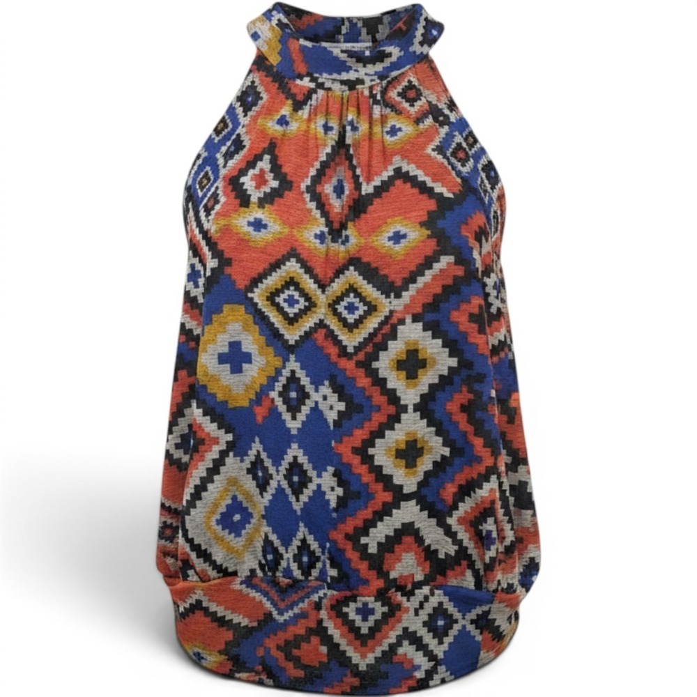 Via Vai Womens Geometric Aztec Halter Top Multicolor Sleeveless‎ Tie Back S/M